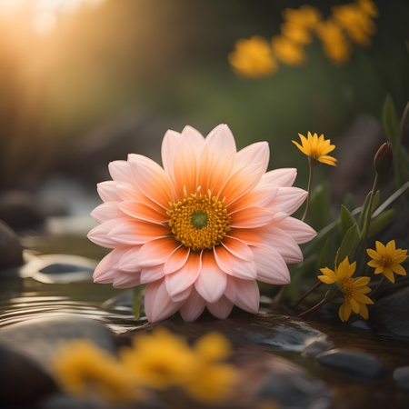 pink flower in water with sun flare and bokeh backgroundの素材
