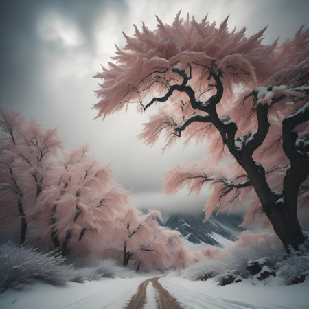 Frozen tree and road in winter forest. 3D illustration.の素材
