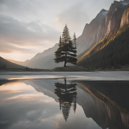 Reflection of a pine tree in a lake with mountains in the backgroundの素材