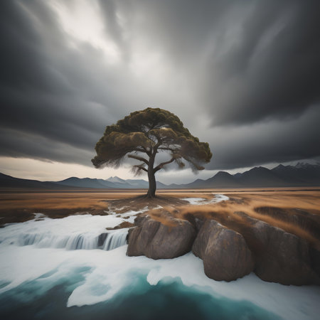 Lonely pine tree on the coast of Lake Wanaka, New Zealandの素材