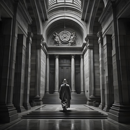 Man in a cloak standing in front of the columns of the courthouseの素材