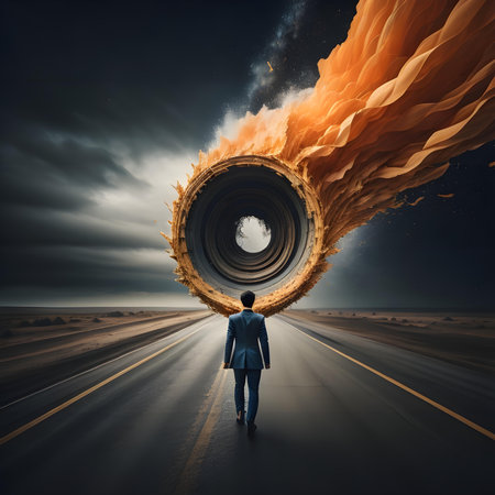 Businessman standing on the road and looking at big tornado in the skyの素材