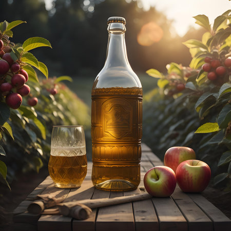 Apple cider in a bottle and apples on a wooden table in the gardenの素材