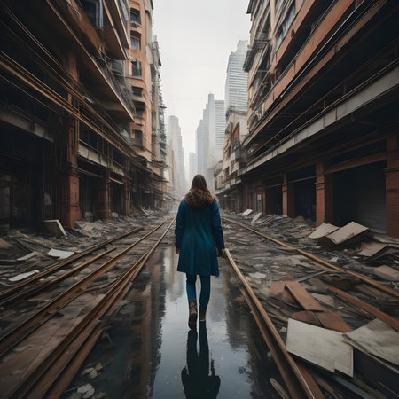 A young woman is walking along the tracks of a destroyed building.の素材