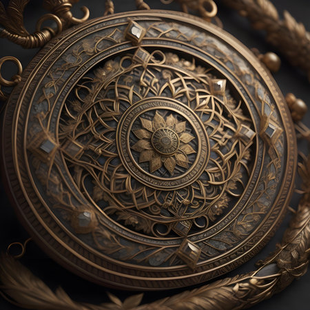 3D rendering of a brass compass with a floral ornament on a black backgroundの素材