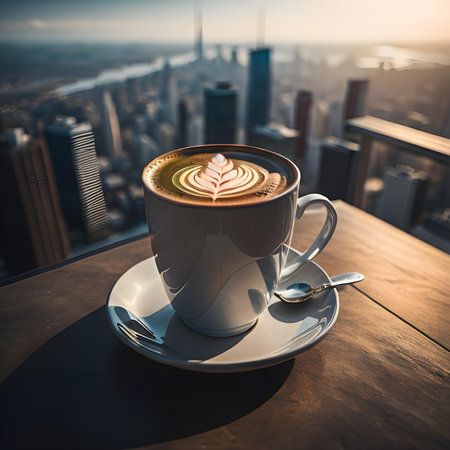 cup of cappuccino with latte art on the tableの素材