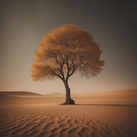 3D render of a lonely tree in the desert with sand dunesの素材