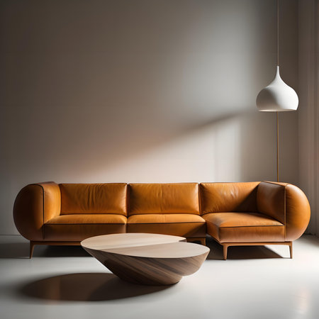 Interior of modern living room with brown leather sofa, round coffee table and lamp. 3d renderの素材