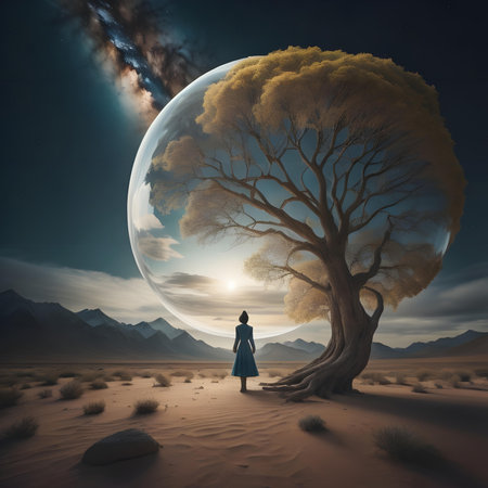 Woman in the desert with big tree and moon. 3d renderingの素材