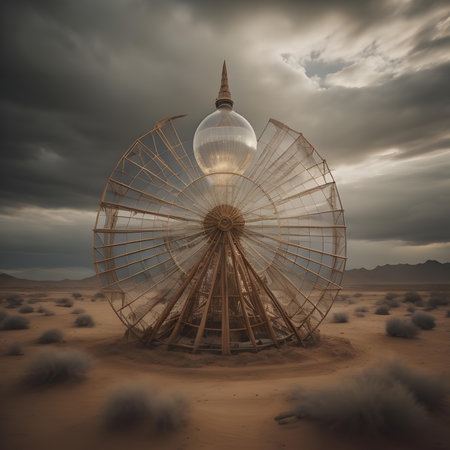 3d rendering of an old satellite dish in the desert with cloudsの素材