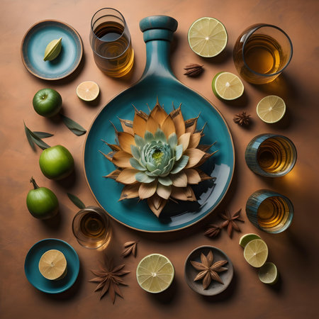 Top view of tequila, lime, anise and succulent flower on blue plateの素材