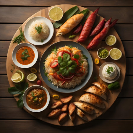 Indian cuisine. Traditional assorted Indian dishes. Top view, flat layの素材