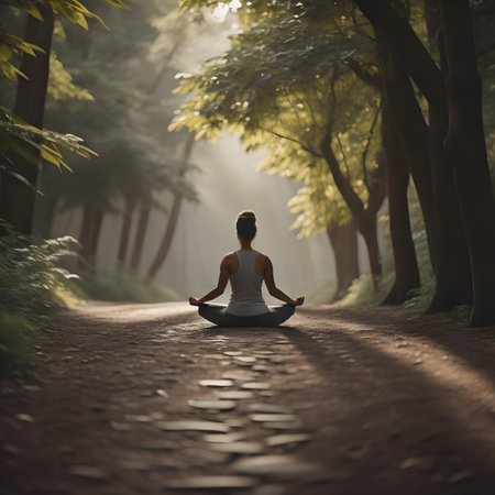 Young woman practicing yoga in the forest. 3d render illustration.の素材