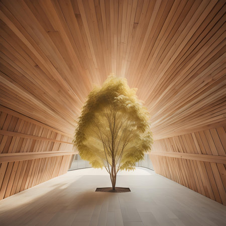 3d rendering of a tree in a room with a wooden wallの素材