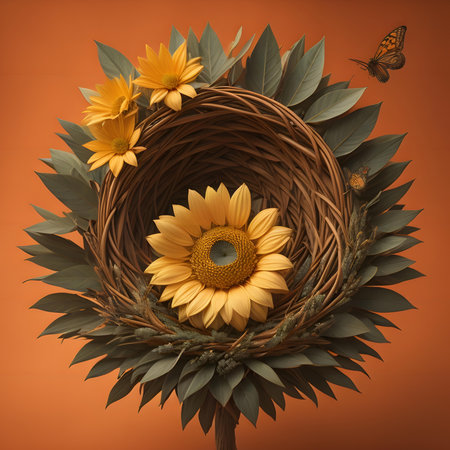 Basket with sunflowers on orange background. 3d illustrationの素材