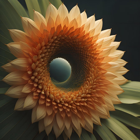 3D rendering of a sunflower in the form of a spiralの素材