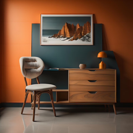 Interior of modern living room with wooden commode, chair and picture on wall. 3d renderの素材