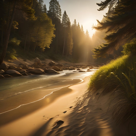 Sunset over a mountain river. Beautiful summer landscape. Long exposure.の素材
