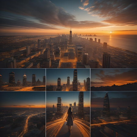 Collage of a beautiful sunset over the city of Dubai, United Arab Emiratesの素材