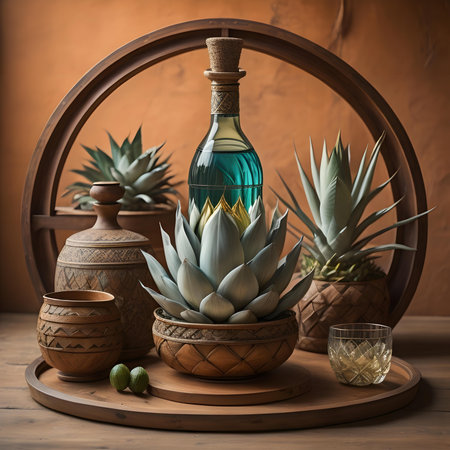 Aloe vera and cactus in vase on wooden tableの素材