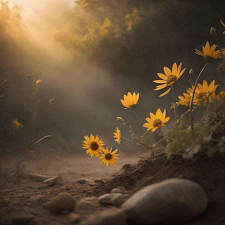 Yellow daisies in the meadow at sunrise. Nature backgroundの素材