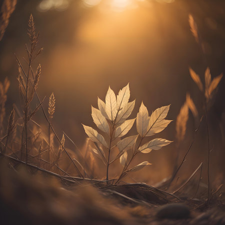 Autumn landscape with dry grass and sunset. Toned image.の素材