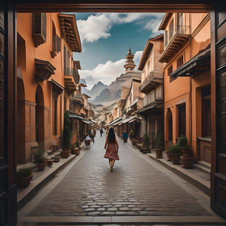 A woman walks through a narrow street in the old town of Tbilisi, Georgia.の素材