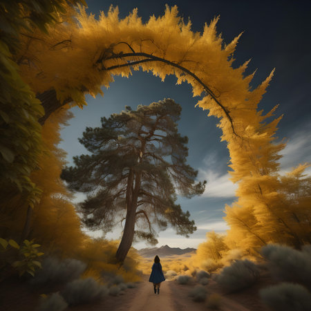 3D illustration of a woman walking through the middle of the forestの素材