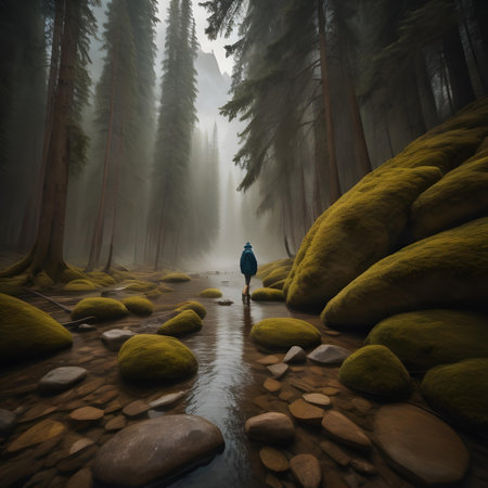 Mysterious foggy forest with a woman in a raincoatの素材