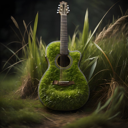 Green acoustic guitar in the grass. 3d illustration. Abstract nature background.の素材
