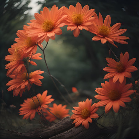 Beautiful orange daisies in the forest. Toned.の素材