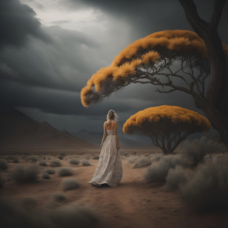 3d rendering of a beautiful woman in the desert with a treeの素材