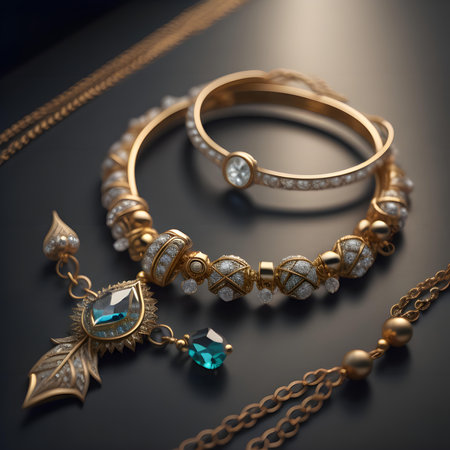 Luxury gold jewelry on a black background, close-upの素材
