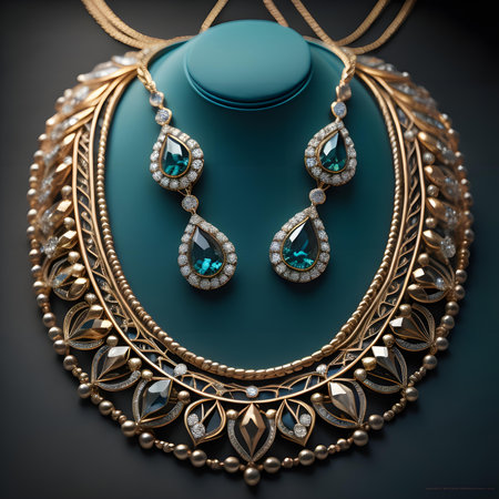 Jewelry necklace and earrings on black background. 3D renderingの素材