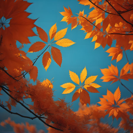 Autumn leaves on a blue sky background. Autumn background. Autumn background.の素材