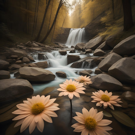 Waterfall in the forest with flowers in the foreground,3d renderingの素材