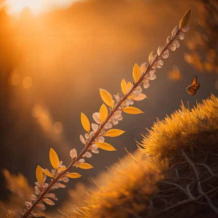Beautiful autumn leaves in the rays of the setting sun. Natural background.の素材