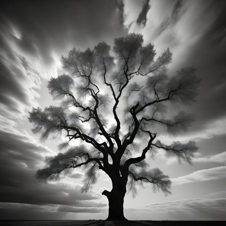 Black and white image of an old oak tree with a dramatic skyの素材