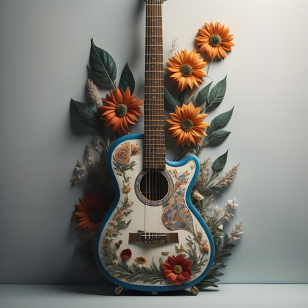 Guitar with flowers on a gray wall background. 3d renderingの素材