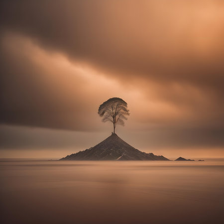 Lonely tree on a mountain over the sea at sunset.の素材