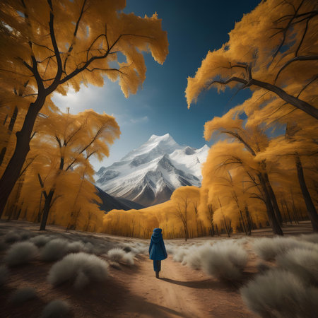 Woman walking in the autumn forest with snow mountain background. 3d renderingの素材