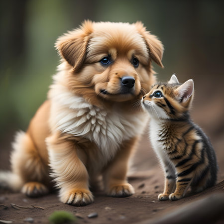 Golden Retriever puppy and tabby kitten together in the forestの素材