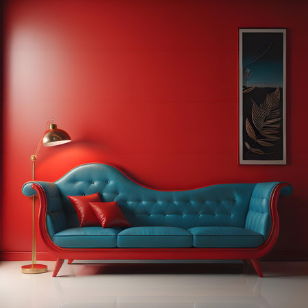 interior with blue sofa and lamp on red wall, 3d renderの素材