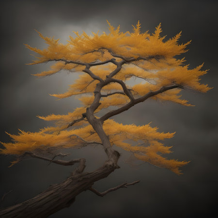 3D render of a tree with yellow leaves against a dark skyの素材