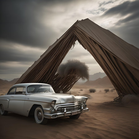 Old car in the middle of the desert. 3D rendering.の素材