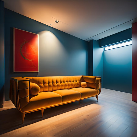 Interior of a modern living room with a sofa and a red wallの素材