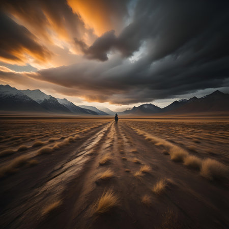 Dramatic sunset over the desert landscape of New Zealand, South Island.の素材