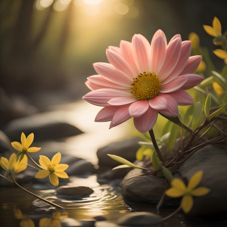 Beautiful pink daisy flower in the garden with sunlight and reflectionの素材