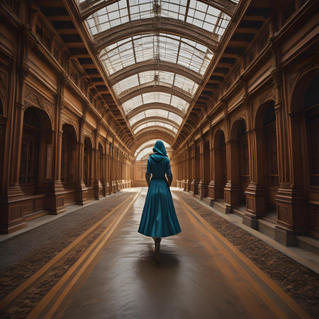 Muslim woman in hijab walking in Galleria Vittorio Emanuele II, Milan, Italyの素材