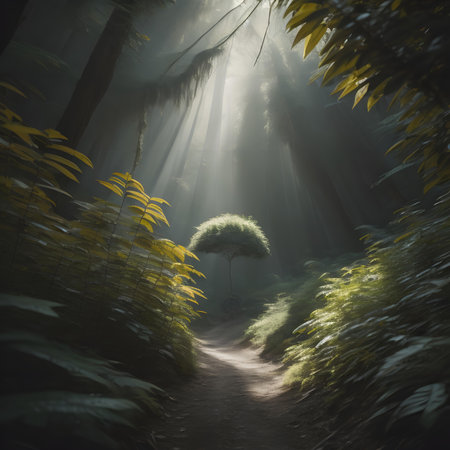 Fantasy forest with fog and sunbeams, 3d renderの素材